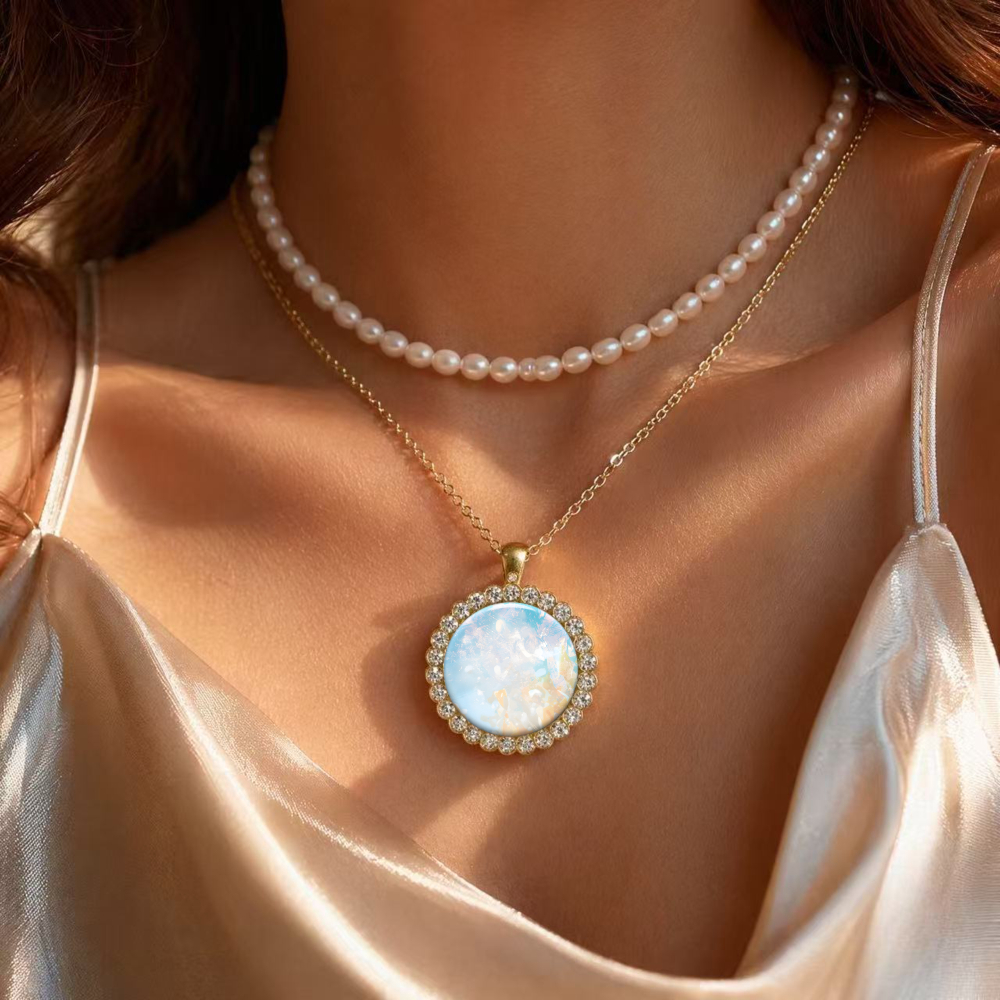 Unisex 2D Flat Opal Stone Golden Chain Necklace, Versatile Gift