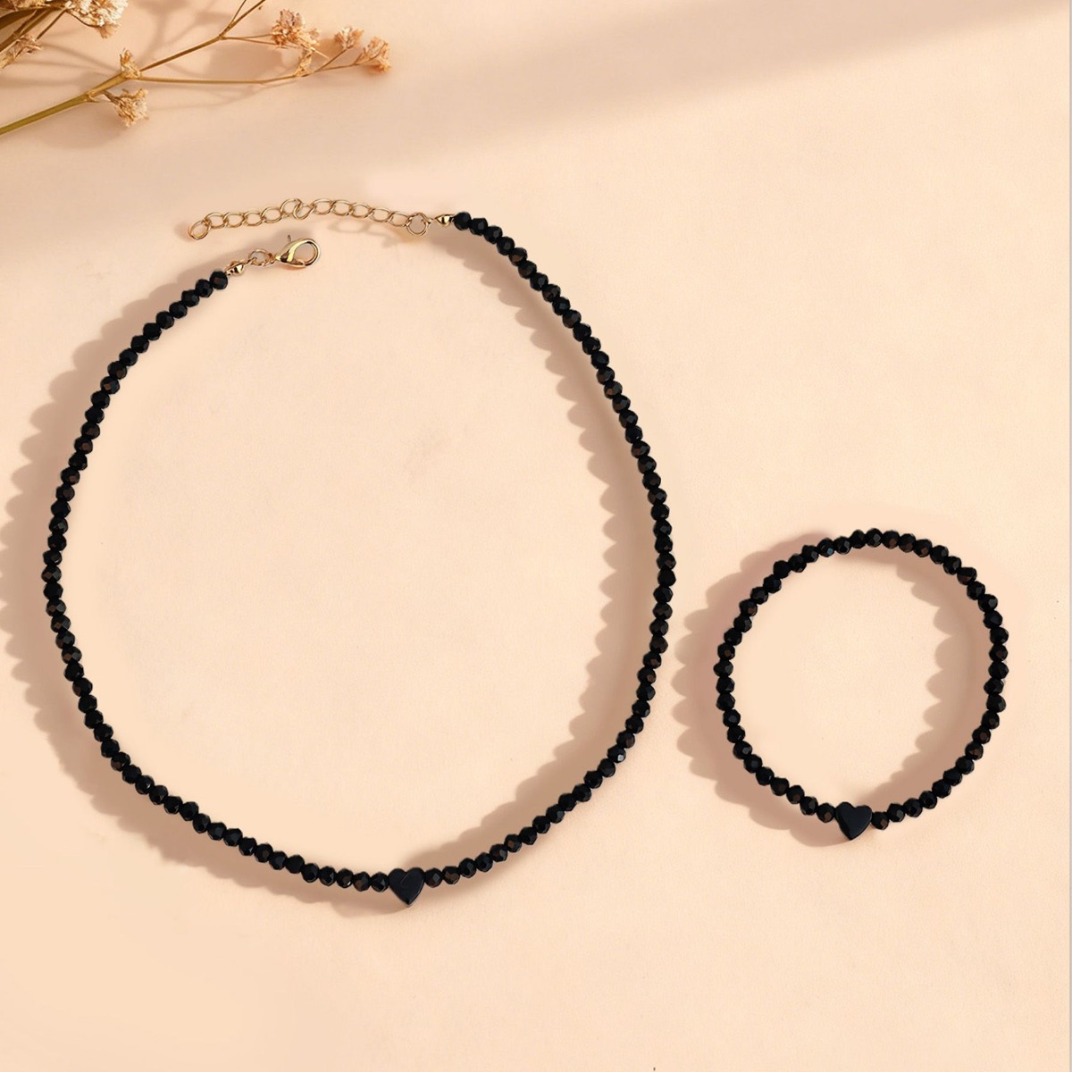 TEMU 2pcs Men's And Women's Luxury Exquisite Minimalist Black Heart Beaded Bracelet And Necklace Jewelry Set, Bohemian Style Adjustable Accessories,