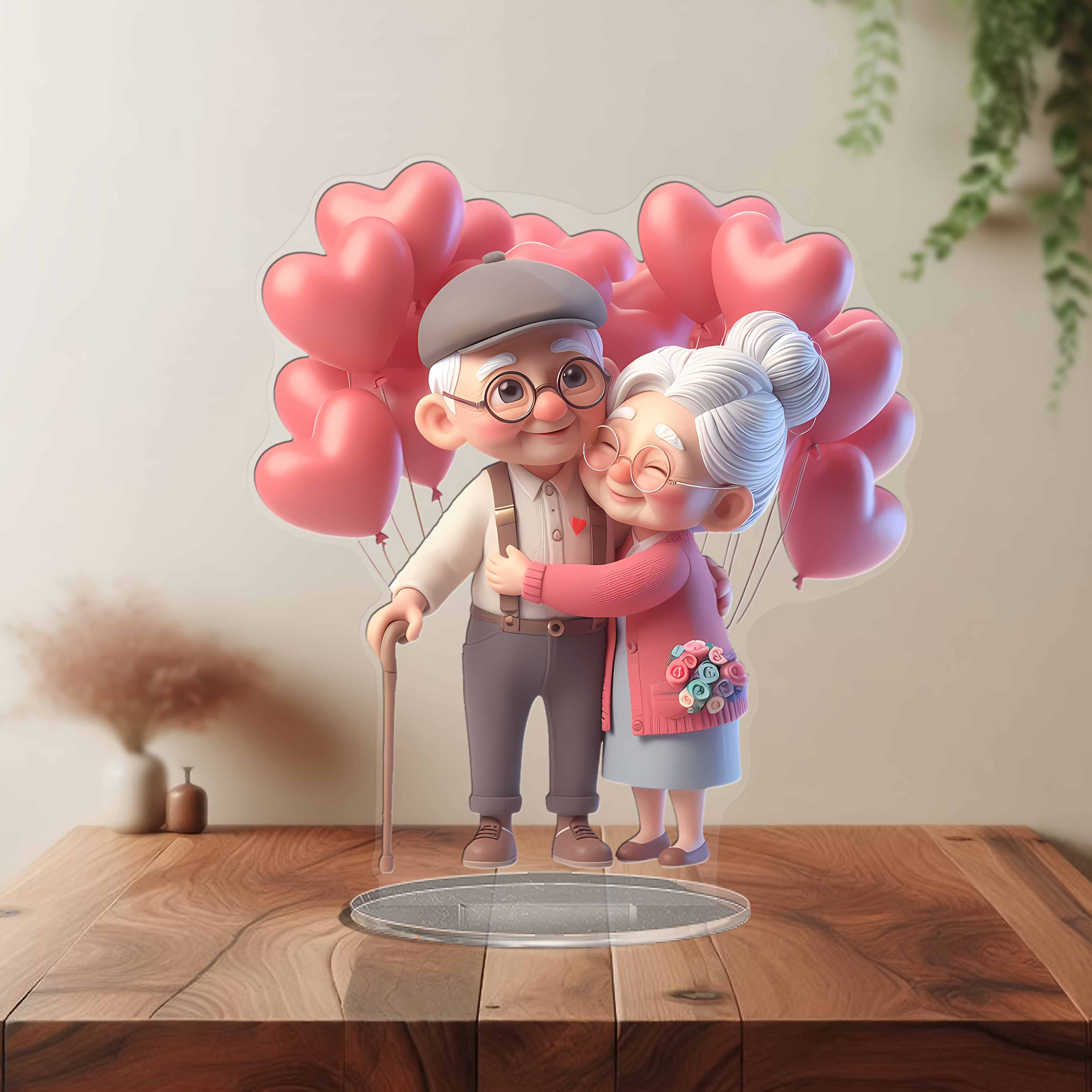 

1pc Acrylic Elderly Couple Figurine With Heart-shaped Balloons, 7.8"x7.08" Romantic Tabletop Decor, Ideal For Display, Perfect Valentine's Day Gift, No Electricity Needed