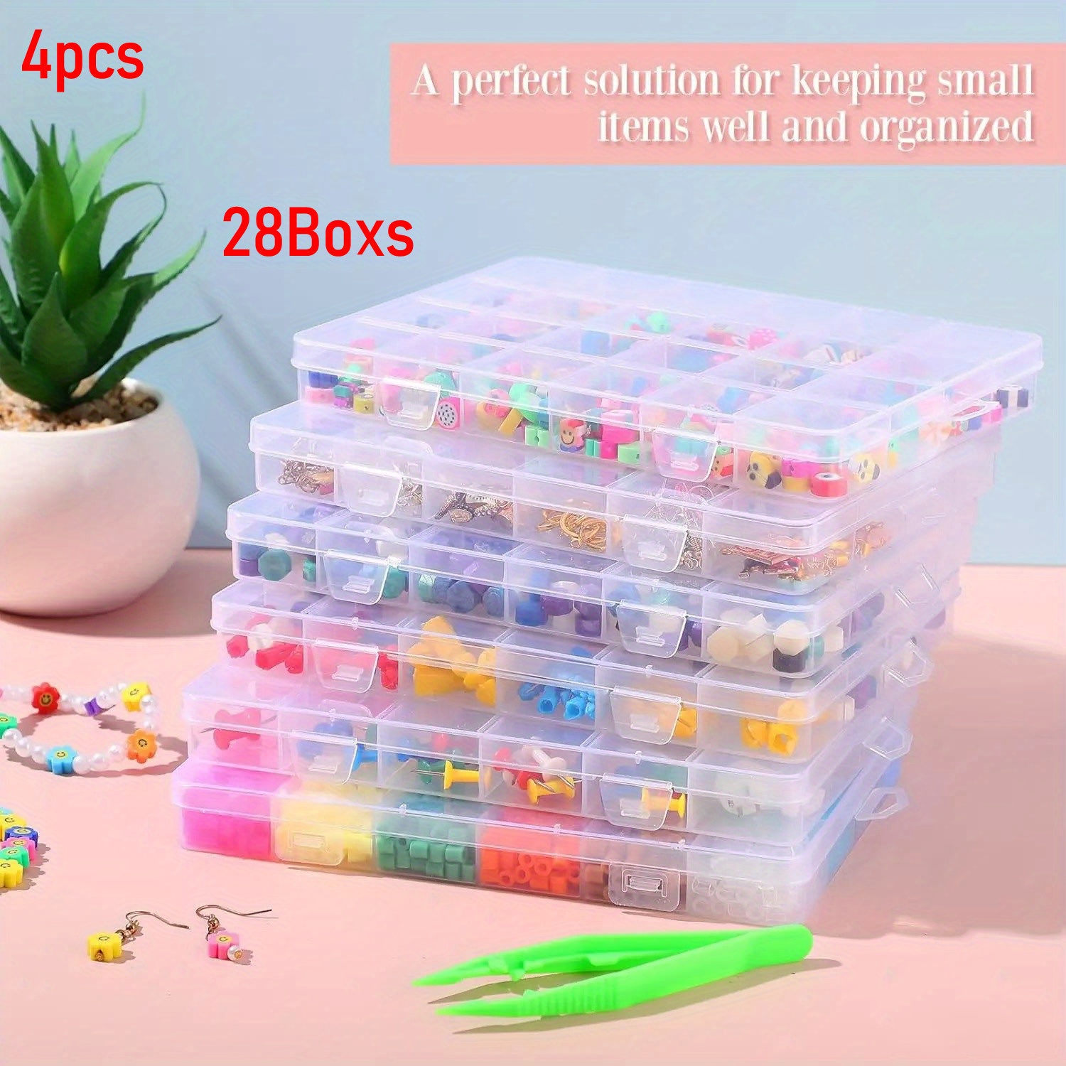 TEMU 28-slot Transparent Storage Box 4-pack: Stackable Bead And Jewelry Organizer With Secure Lids, Lightweight Craft Supply Case For Easy