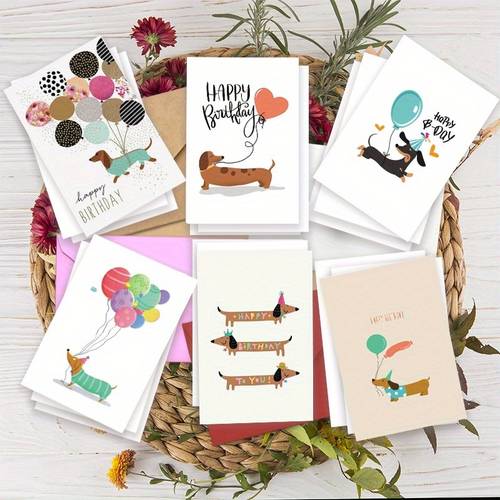 a set of 12 birthday cards designed with a happy party theme featuring dachshund puppies celebrating birthdays and conveying and warm to special people including 12 envelopes