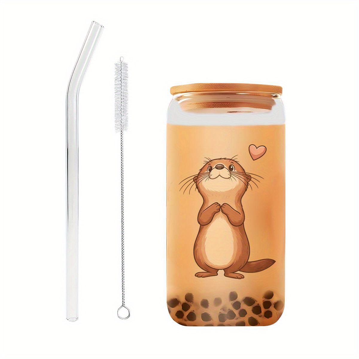 E-shop Niedliche Otter-Glaswasserflache mit Deckel Strohhalm, Trinkglasset aus klare Glasbechern & Wasserkrug – Wiederverwendbaren Eiskaffeebehältern.