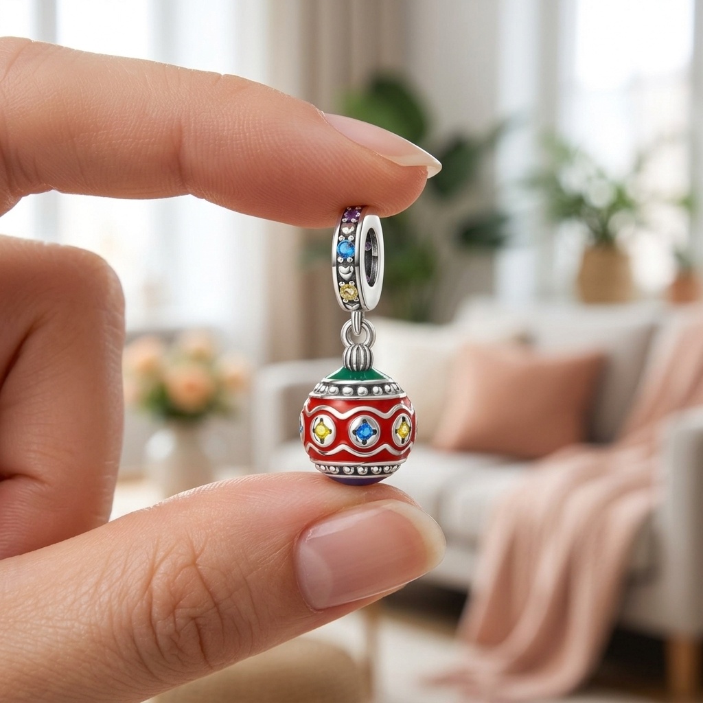 TEMU 1pc Christmas Ornament Charm Bead Retro European Style Red Base Wavy Inlaid Colored Zirconia Spherical Pendant Beads Bracelet Necklace Additions
