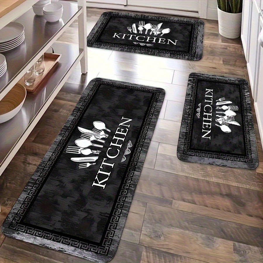 Image of Set Of 2/3 Vintage-style Flannel Farmhouse Kitchen Mats Featuring Abstract Designs Of Knives And Forks
