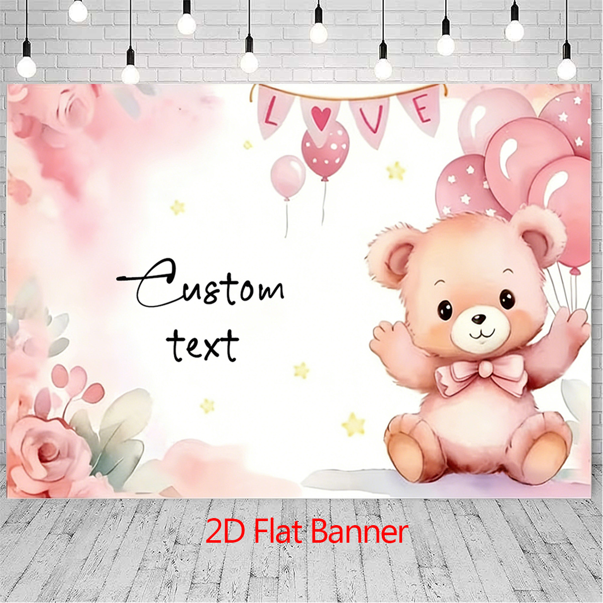 TEMU 2d Flat, 2d Flat Custom Shower Vinyl Photography Backdrop With Personalized Name - Floral, Balloon & Heart Decor For Welcome Sign, Christening,