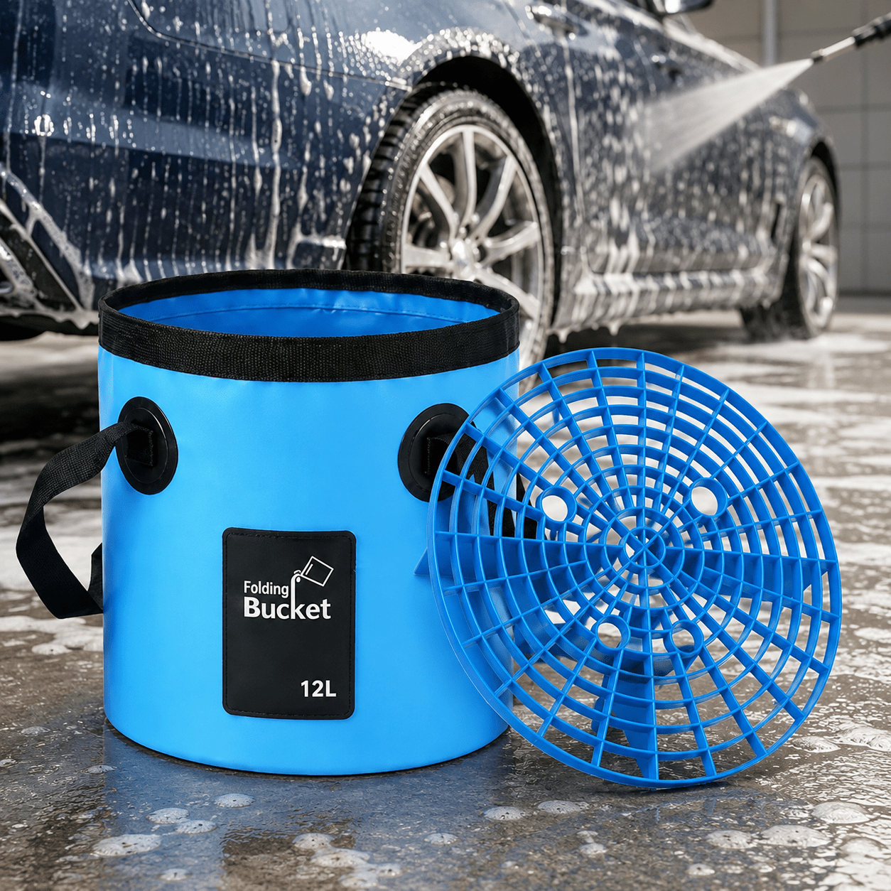 TEMU 2pcs Car Portable Set: Multi-functional Large-capacity Waterproof Bucket With Gravel Isolation Net, Car Wash Gravel Separator Tool, Foldable