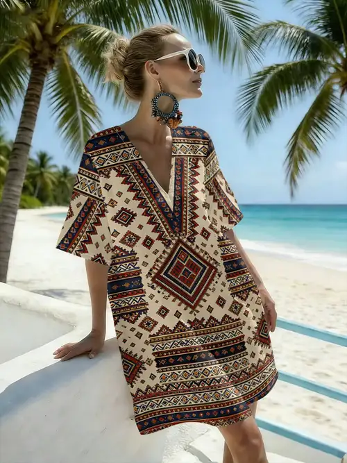 tribal beach dress Spring Summer Dresses for Women 2025 - African Tribal Style Swimsuit Coverup Sundresses for Women, Beach Vacation Clothes for Women, Hawaiian Tshirt Dresses for Women