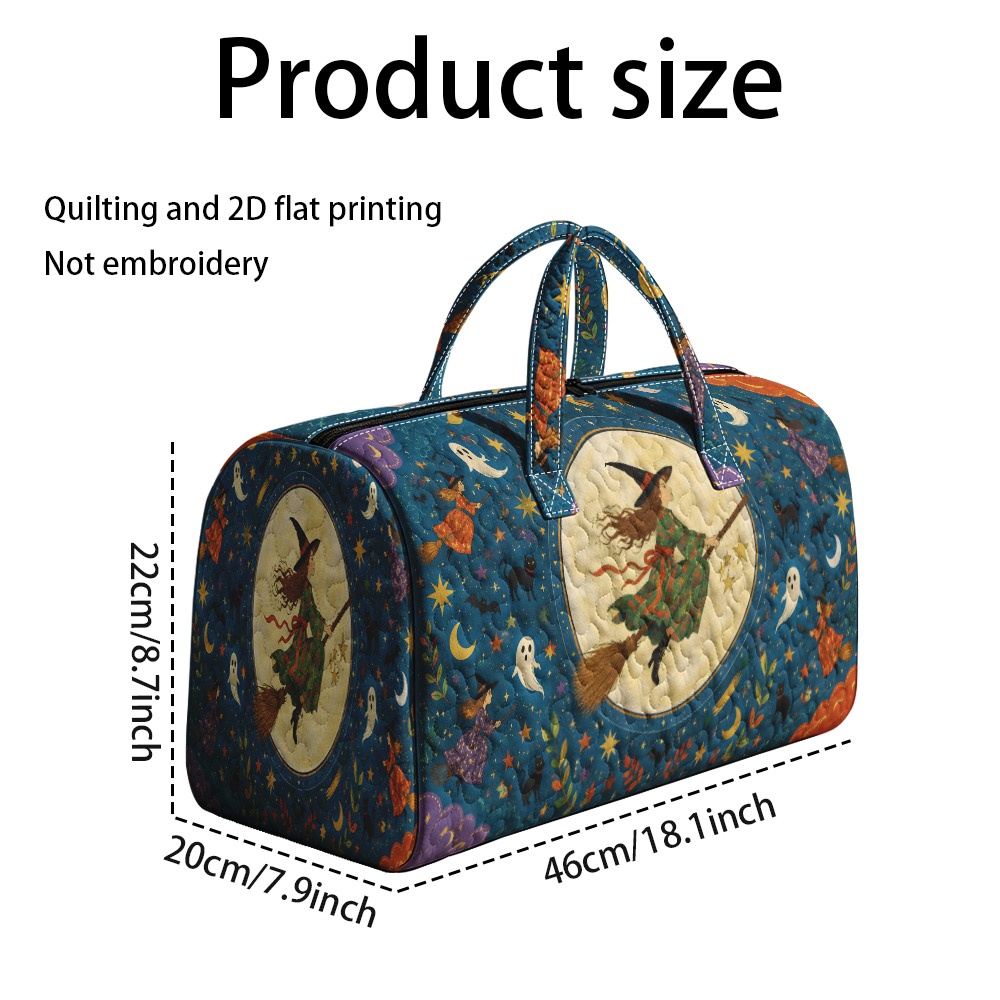 TEMU 1pc Ridesay Quilted Tote Bag Suitable For Halloween Flying Scene With Broomsticks Print, Lightweight Foldable Handbag For Travel, Camping,