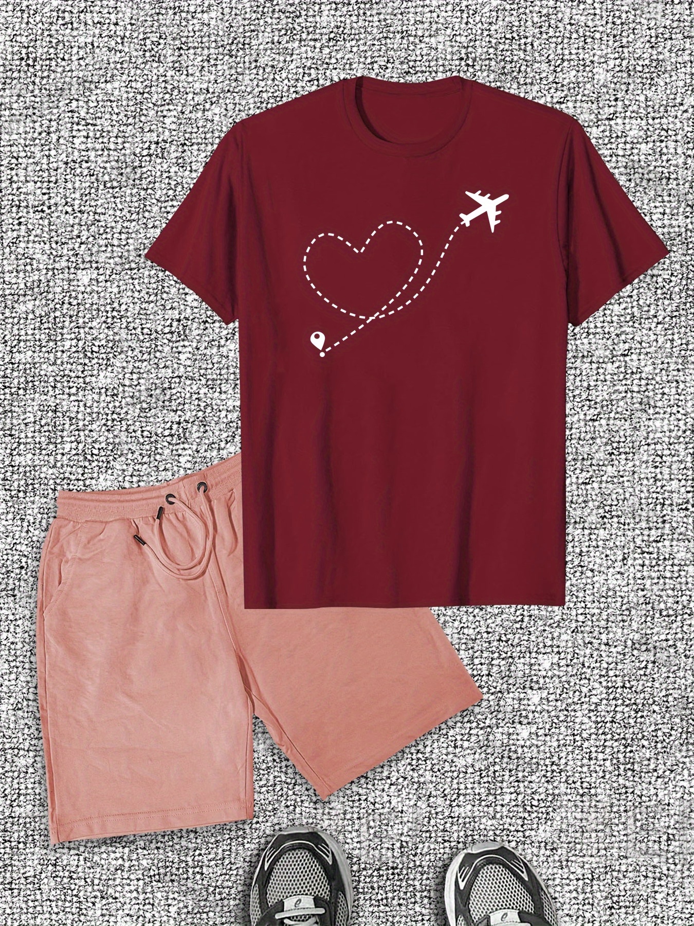 Men'S Casual Plane & Heart Graphic Tee & Shorts Set - Cotton, Round Neck, Lightweight & Breathable, Summer Casual Wear, Relaxed Fit, Breathable Fabric, Casual Summer Wear | Relaxed Fit Shorts | Comfortable Footwear, Plane Tee