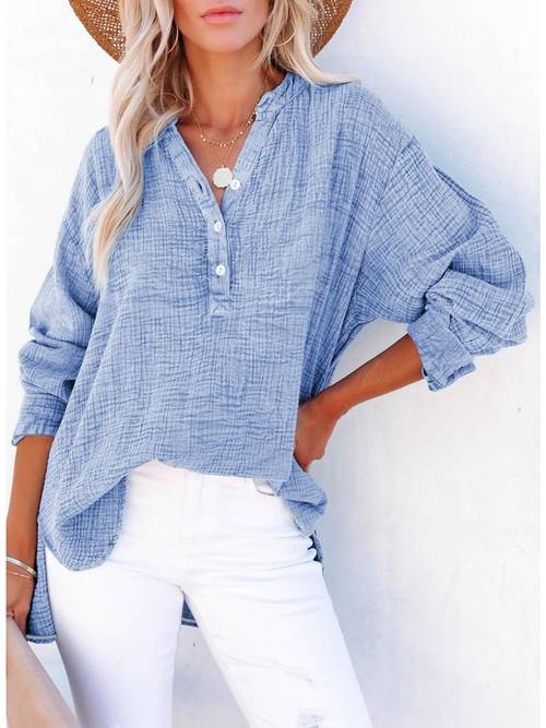 womens casual oversized v neck blouse long sleeve button solid color pleated detail lightweight breathable fabric