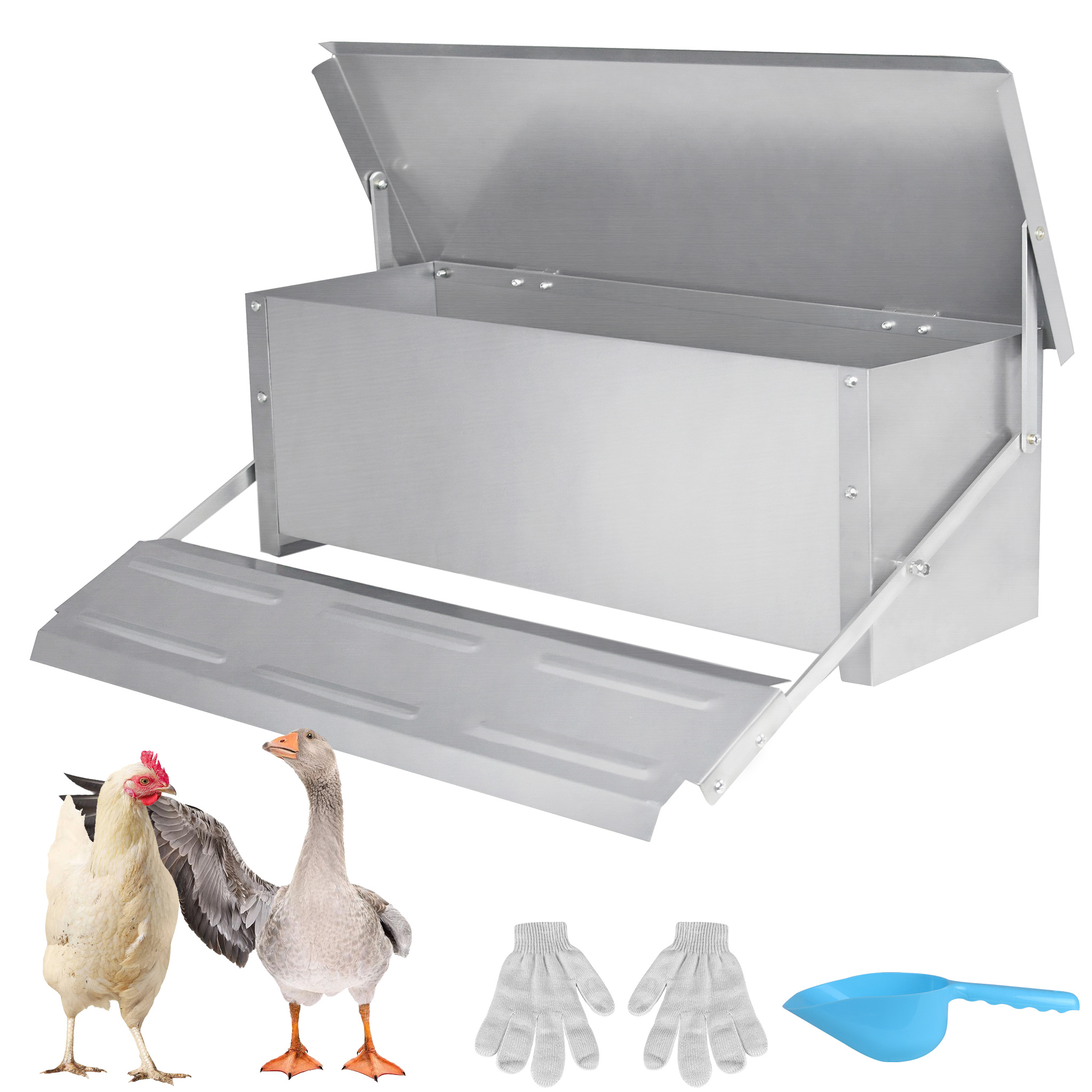E-shop Automatischer Futterspender mit Pedalfüßen Geflügelfutterspender aus Metall Wasserdichter Automatischer Futterspender für Hühner, Enten, Gänse