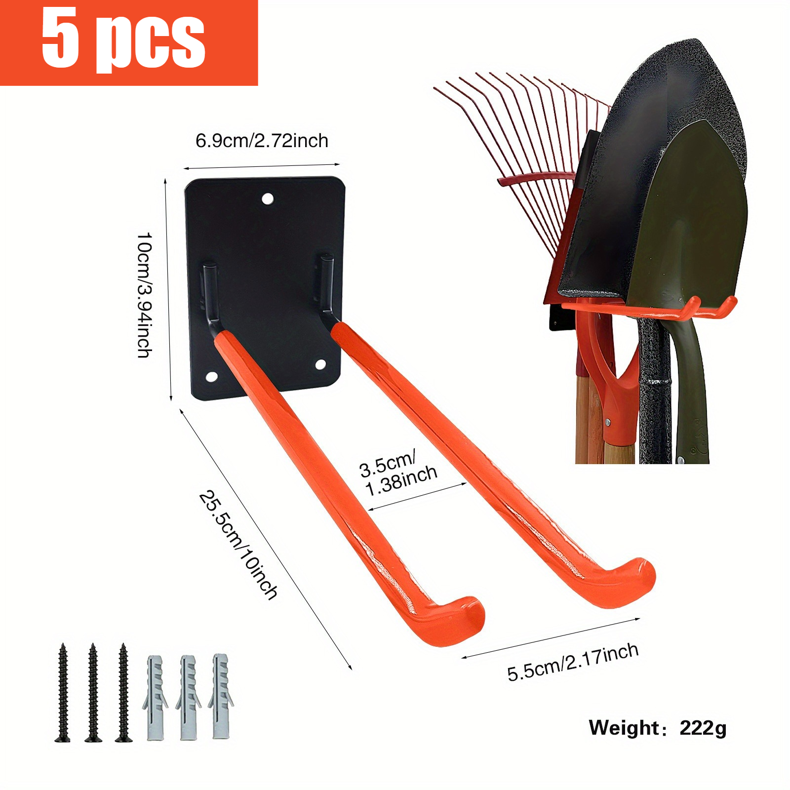 5-pack Garage Storage Hooks, Heavy Duty Wall Hooks For Gardening Tools, Shovel & Rake Organizer, Yard Tool Holder, Garage Organizer & Storage Supplies