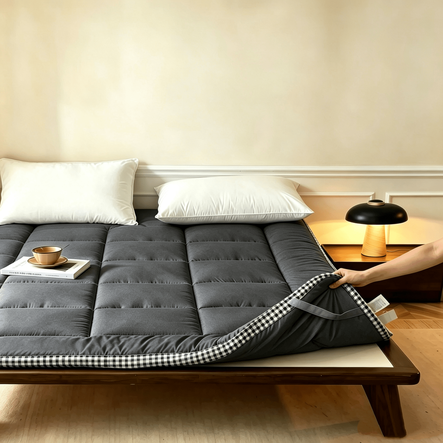 TEMU Surmatelas Matelassé Rafraîchissant pour Camping et Voyage - Protège-Matelas Doux avec 4 Sangles, Couvre-Lit Tatami Portable Enroulable,