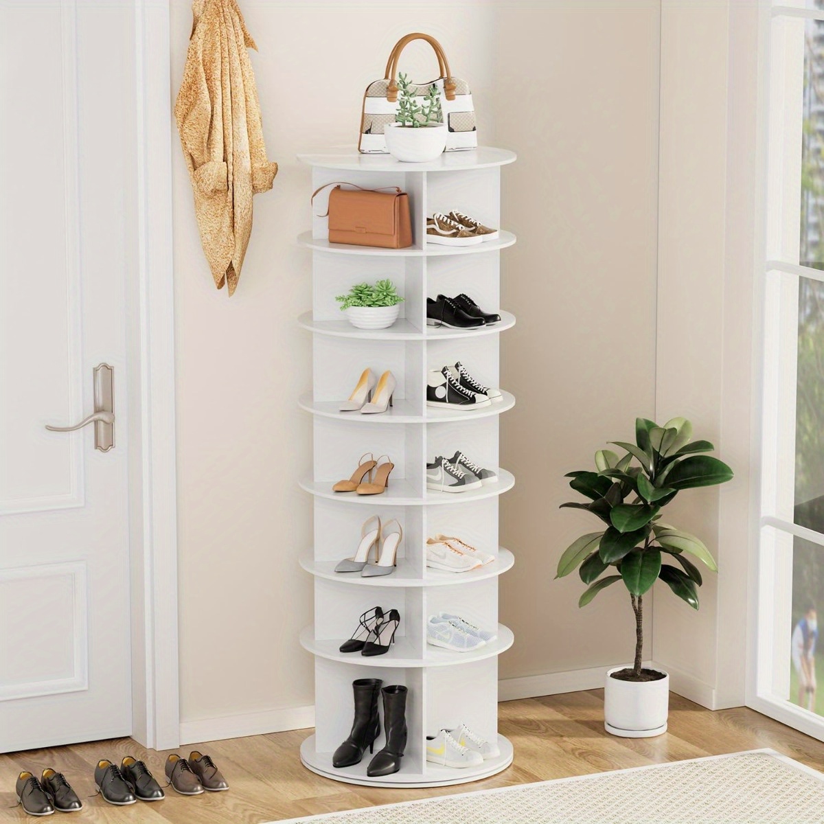 Image of 7 Tier Shoe Rack Rotating Shoe Cabinet, Narrow Multifunctional Shoe Rack, Vertical Shoe Rack, Space Organizer, Vertical Shelf Storage Shelf Corner Shelf Freestanding White