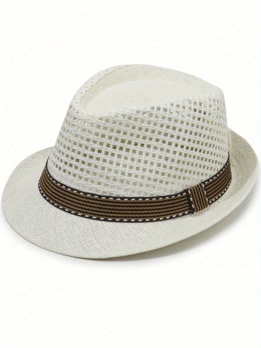 breathable sun cap trilby sun hat outdoor straw fedora hat men retro jazz hat details 11