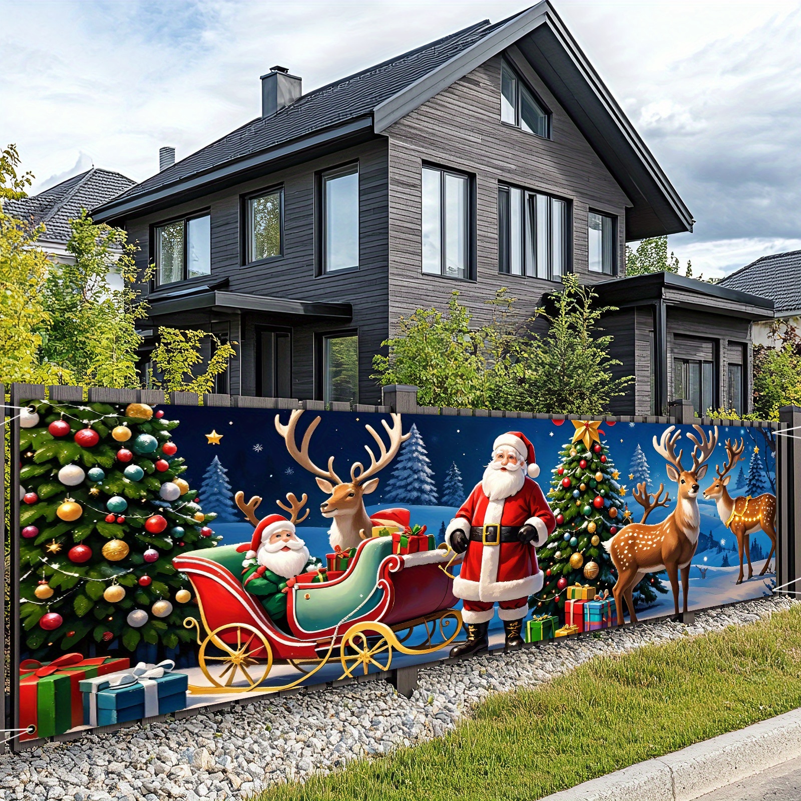 TEMU Santa Claus & Reindeer Sleigh Banner - Christmas Themed Holiday Decoration With Elf & Sleigh, / Hanging Banner Suitable For , New Year' Eve