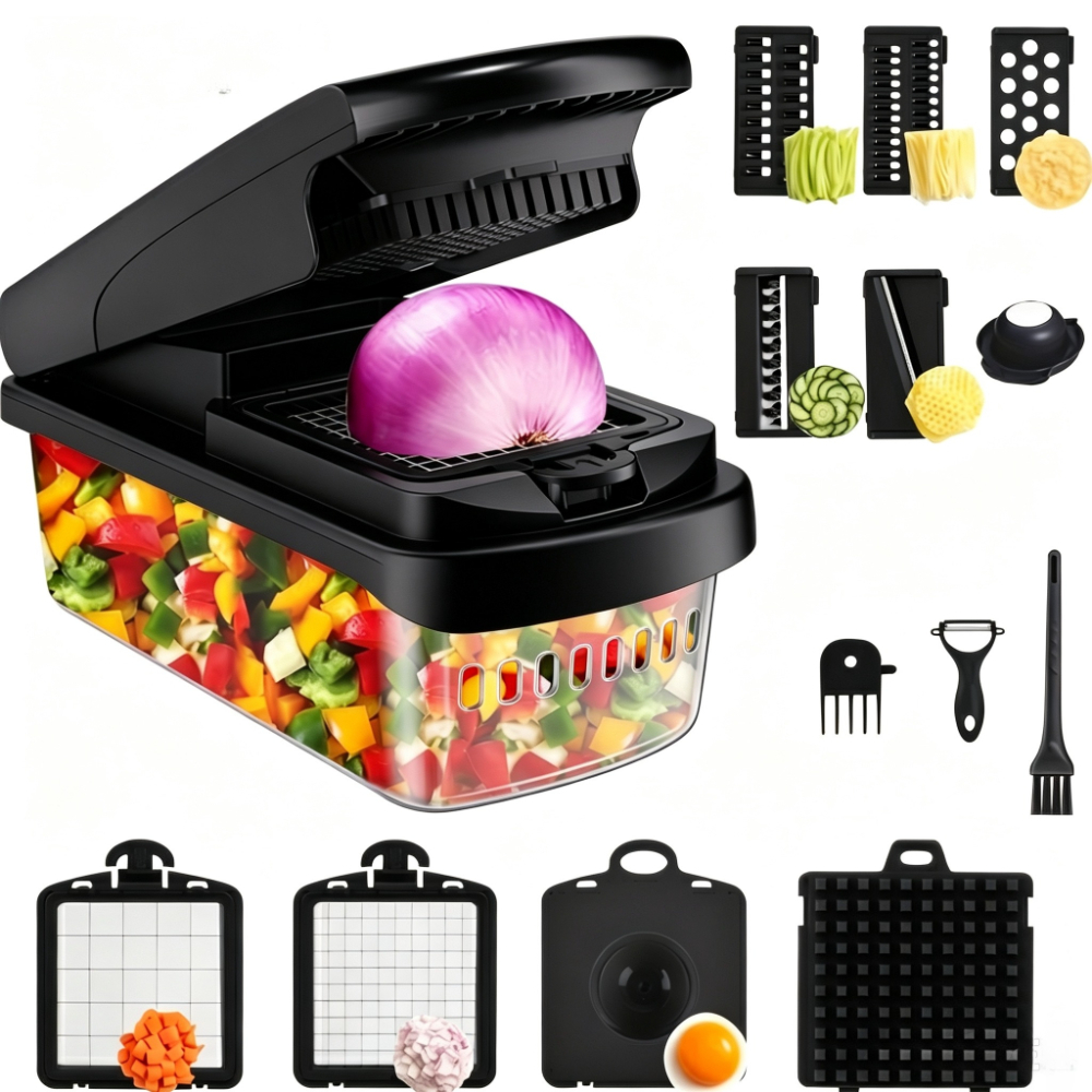 Image of 15-in-1 Vegetable Chopper And Slicer, Onion Dicer And Cutter, Multifunctional Food Chopper, 7pcs Vegetable Dicer, Tomato Cutter, Potato And Garlic Chopper, With Draining Basket And Peeler