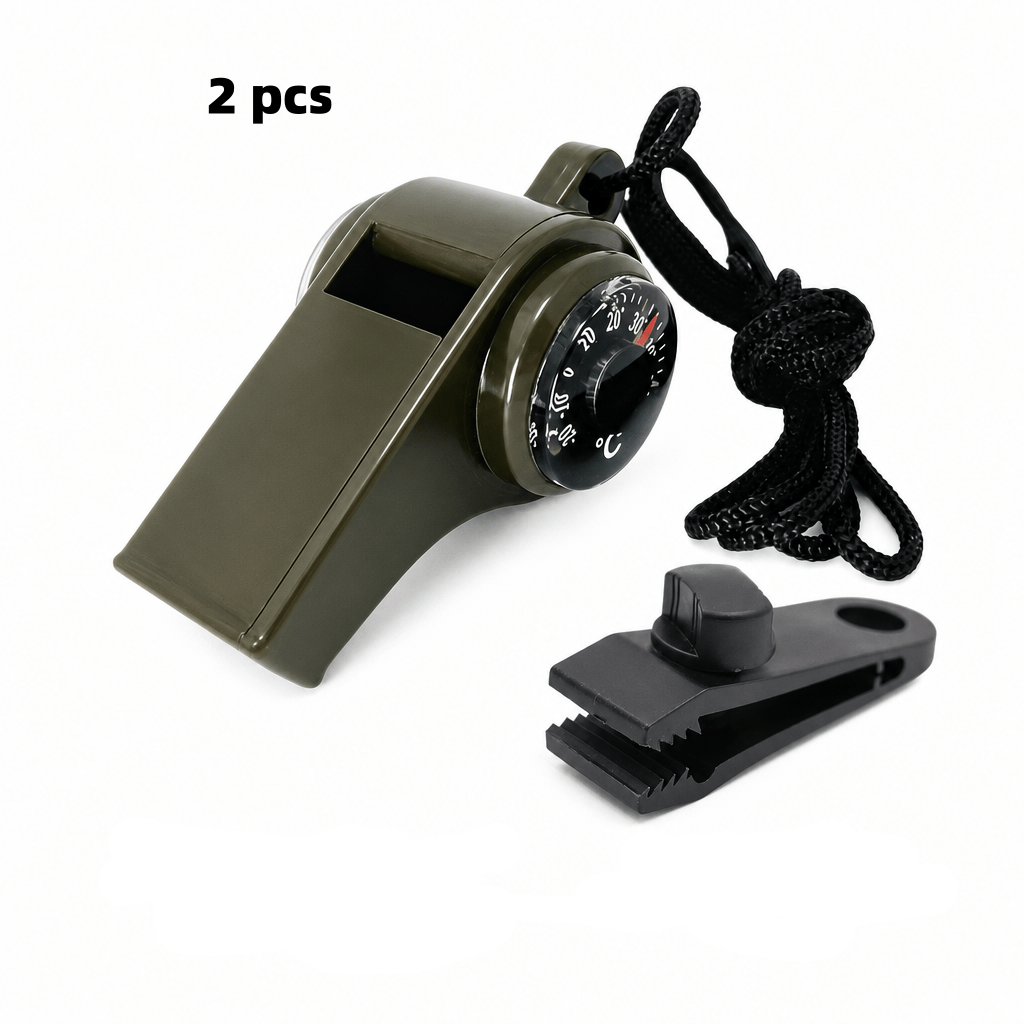 TEMU Juego de 2 silbatos multifuncionales de para exteriores y clip para tienda de campaña, verde , silbato de de con y termómetro, equipo de camping