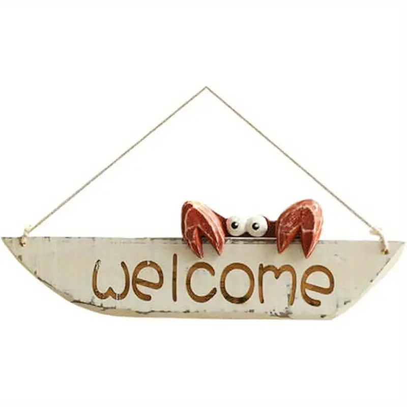 TEMU 2d Flat - 2d Vintage Crab Welcome Sign- Rustic Wooden Wall Decor With Distressed And Red Claw Design, With Hanging Rope, Suitable For Porch And