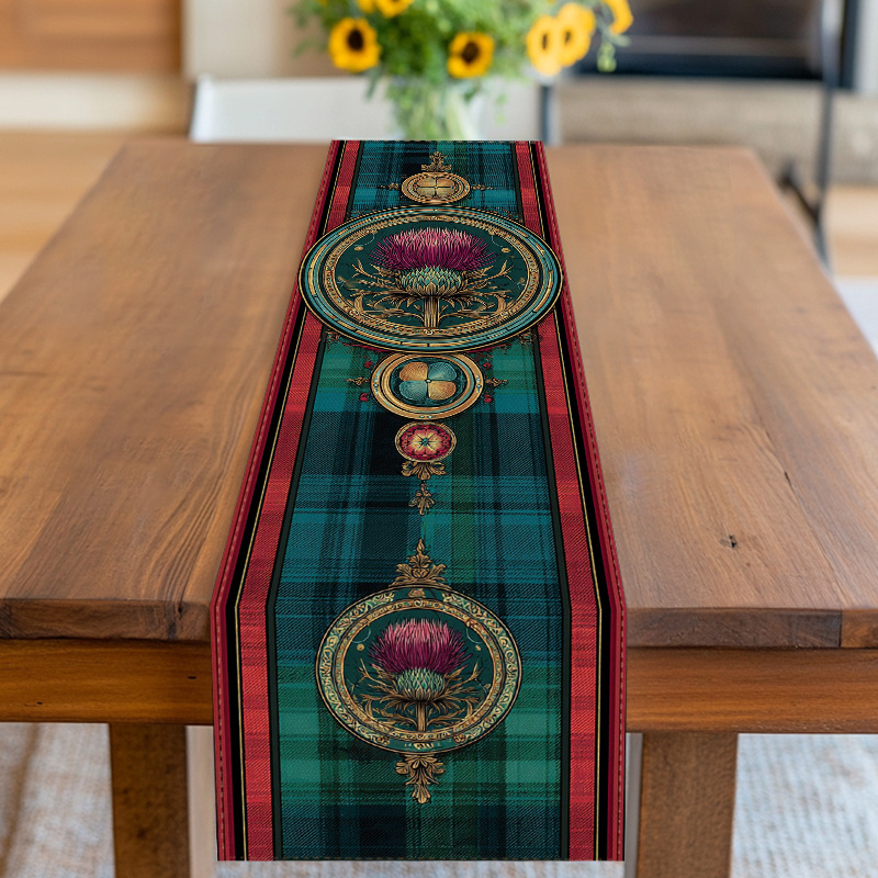 TEMU A Scottish-themed Table Runner Featuring A Teal And Red Design Along With A Thistle Motif, Ideal For 's Day Celebrations, Parties, Picnics, And