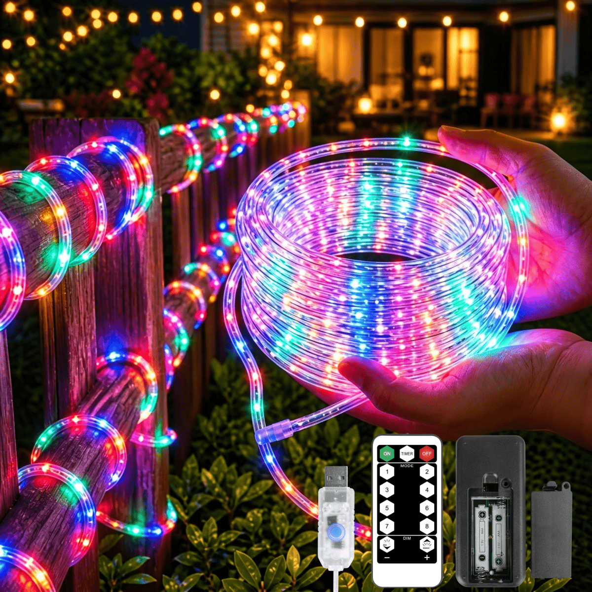TEMU Usb Powered Tube Rope Lights, Led String Lights, Fairy Lights, 200/100/50led, Garden Decoration Fairy Lights, Aaa Remote Control With 8 Lighting