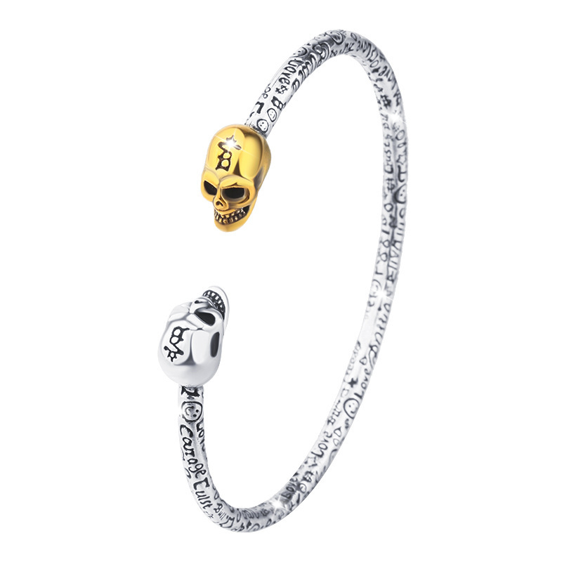 Women's Vintage Double-Headed Skull Bangle Bracelet, Light Luxury Open Cuff