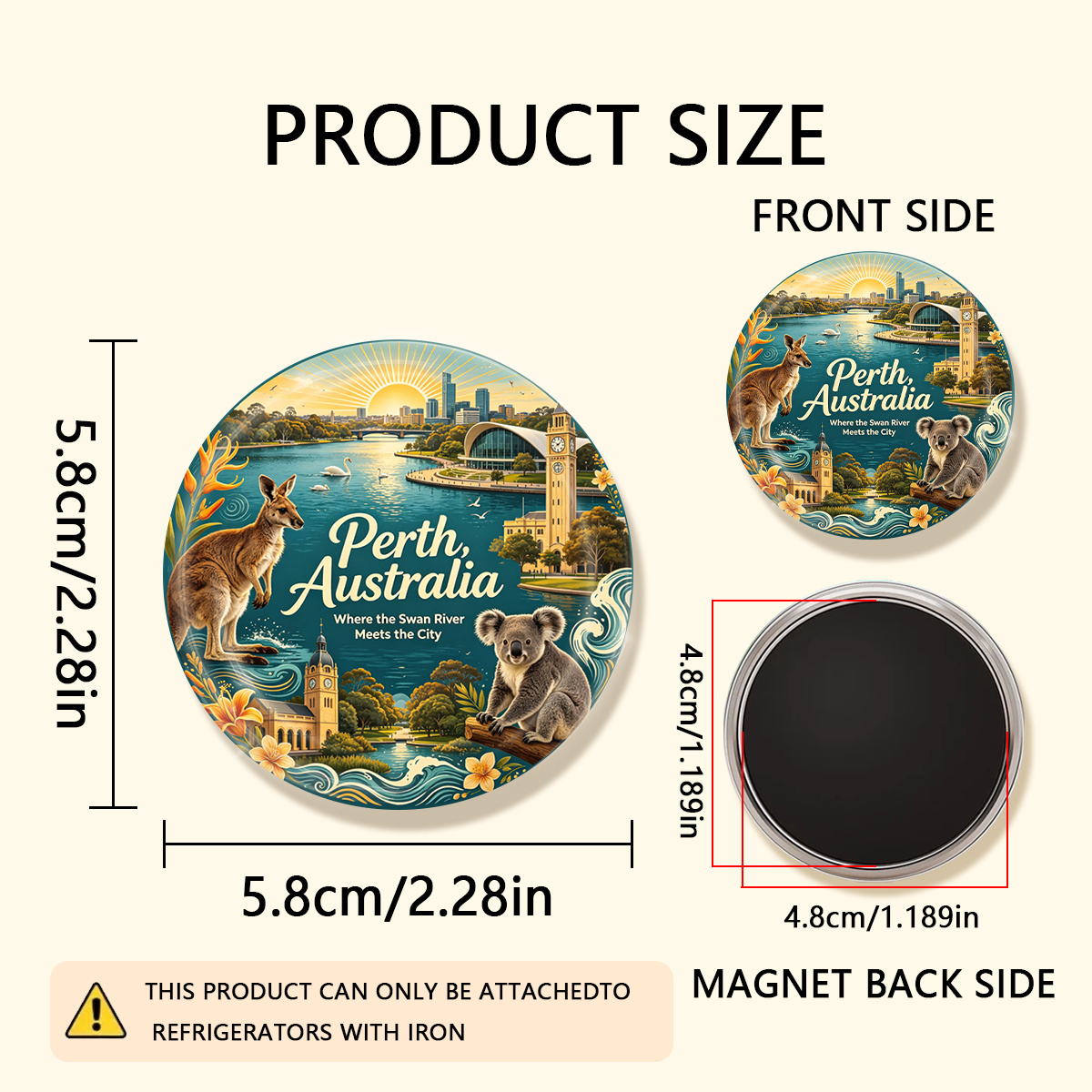TEMU 1pc 2d Flat Perth, Australia Durable Round Fridge Magnet, Suitable For To Refrigerators, Whiteboards, Handicrafts, Photos, Stickers, Postcards,