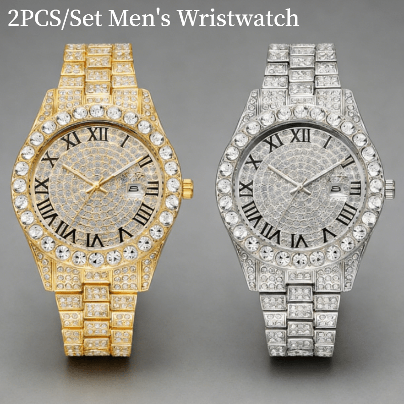2pcs/set Luxury Men's Wristwatch Set, Round Roman Digital Calendar Dial, Stainless , Fashion Male Quartz Watch
