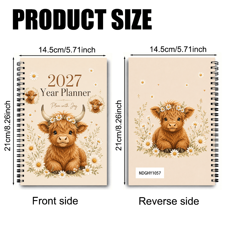 TEMU 1 Book Highland Cow With Perforated Pages Suitable For, Work, - Color-coded Spiral Coil Binder, Compact Year Planner, Habit & Goal Planner For,,