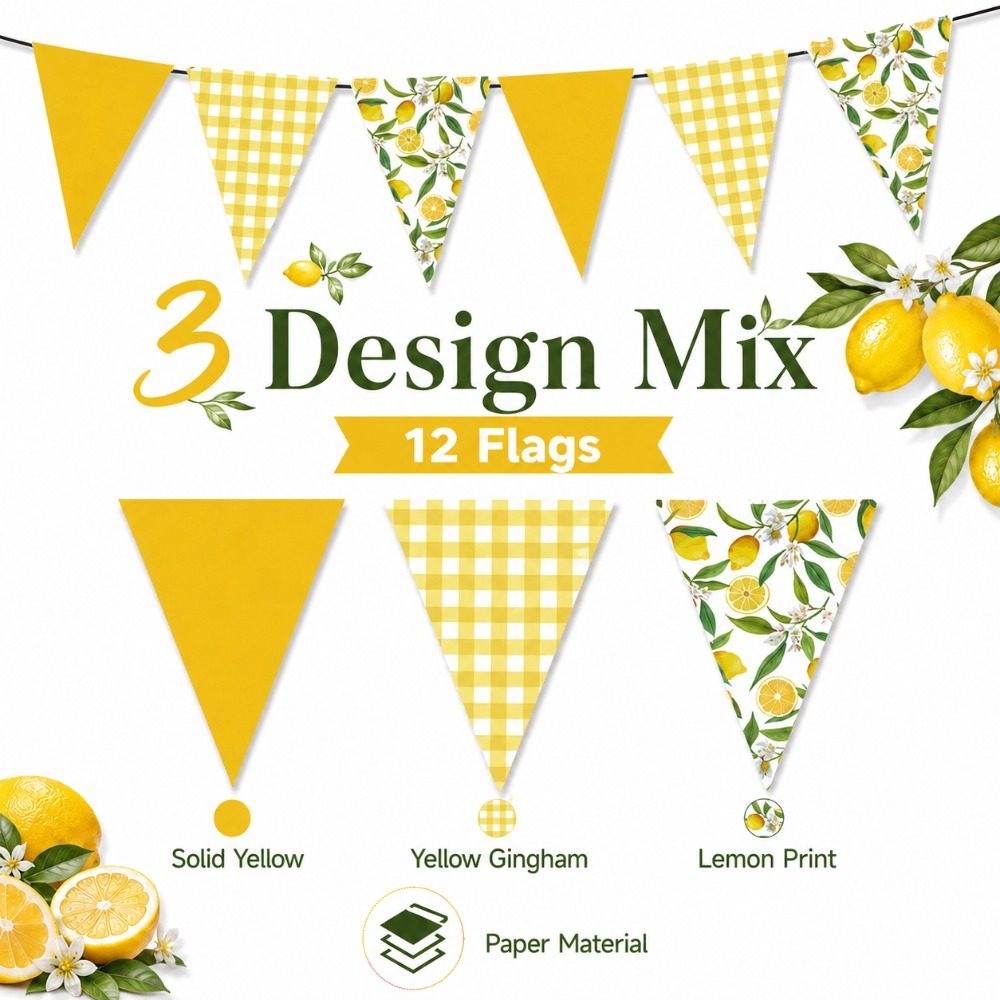 TEMU Lemon-themed Party Banner, Pennant Flags - Yellow And White Plaid Floral Paper Triangular Flags, Suitable For Lemon Fruit-themed Birthdays,