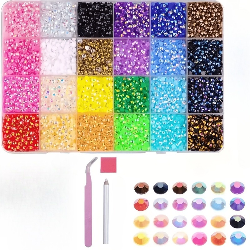 TEMU 9377pcs 24-compartment Box Set Of 3mm Flat-back Jelly Rhinestones, Includes Matching For Dotting + Bent Tweezers Full Tool Kit, Diy Nail Art