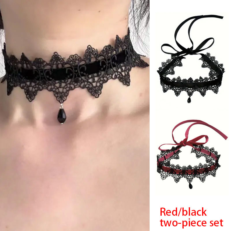 TEMU 2pcs Y2k Gothic French Retro Necklace Suitable For Burgundy & Black Lace Collar Collarbone Chain With Resin Chain & K Plating - Wedding,