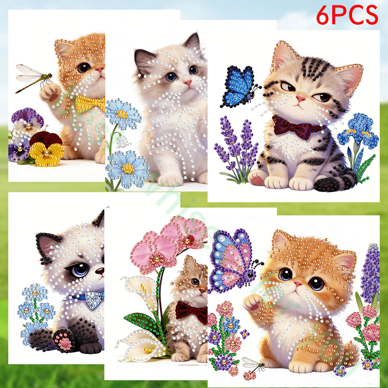 TEMU 6 stuks Unieke en Creatieve Cartoon Schattige Kat Thema Postkaarten Wenskaarten, Design. Ronde Strass Schilderij Kaart Handgemaakte Knutselset