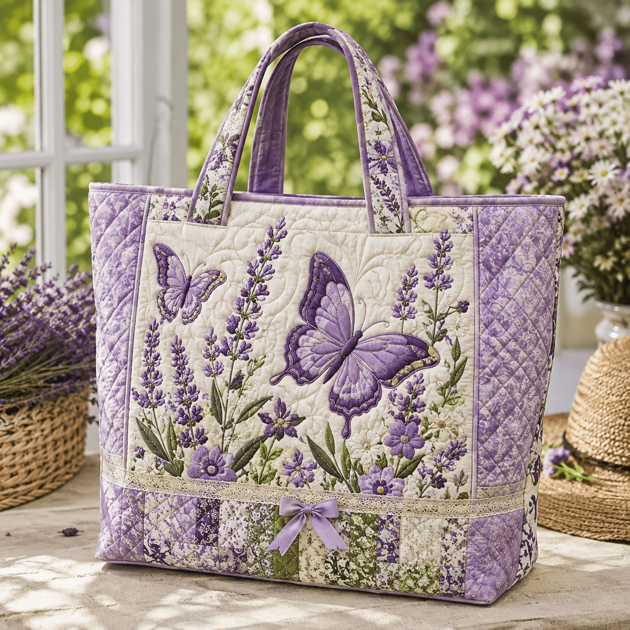 Women's Purple Floral Quilted Tote Bag - Vintage Style Large Capacity Zipper Handbag For Spring Travel, , And Casual Styling