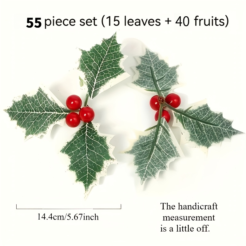 TEMU 55pcs Set Of Artificial Holly Leaves- 15 Leaves And 40 Berries- Decorations, Suitable Handmade Wreaths And Floral Arrangements; Tree Decoration,