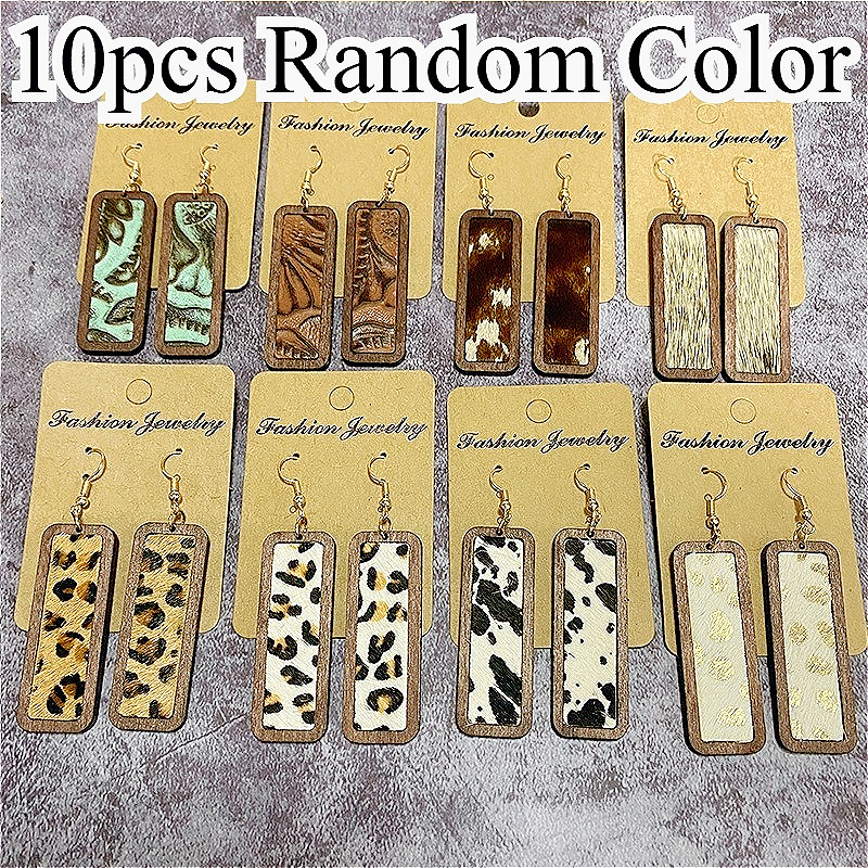 TEMU 10pcs/5pairs Random Color Rectangular Leopard Inlay Dangle Earrings | Vintage Style Wooden Jewelry, Holiday Women's Earrings For Party, Daily Wear, Alloy Ear Needles