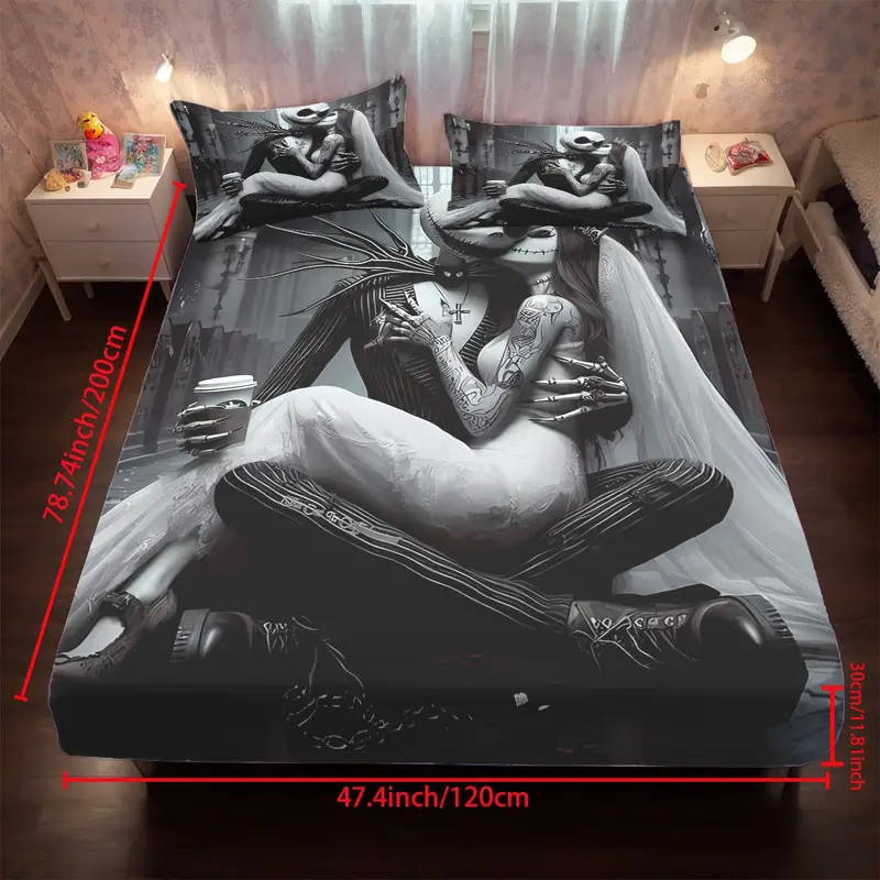 3pcs jack and themed fitted sheet set for bed bedroom couple 1 fitted sheet 2 pillowcase without core suitable for bedding decoration mattress cover set Product details 2
