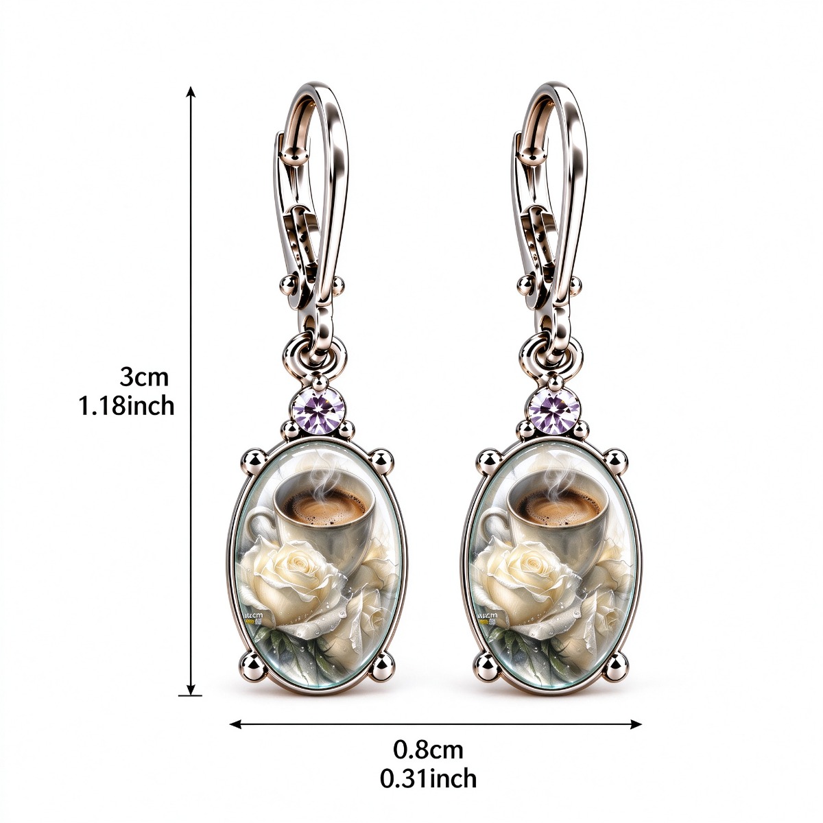 Elegant White Rose Coffee Cup Pattern Oval Earrings