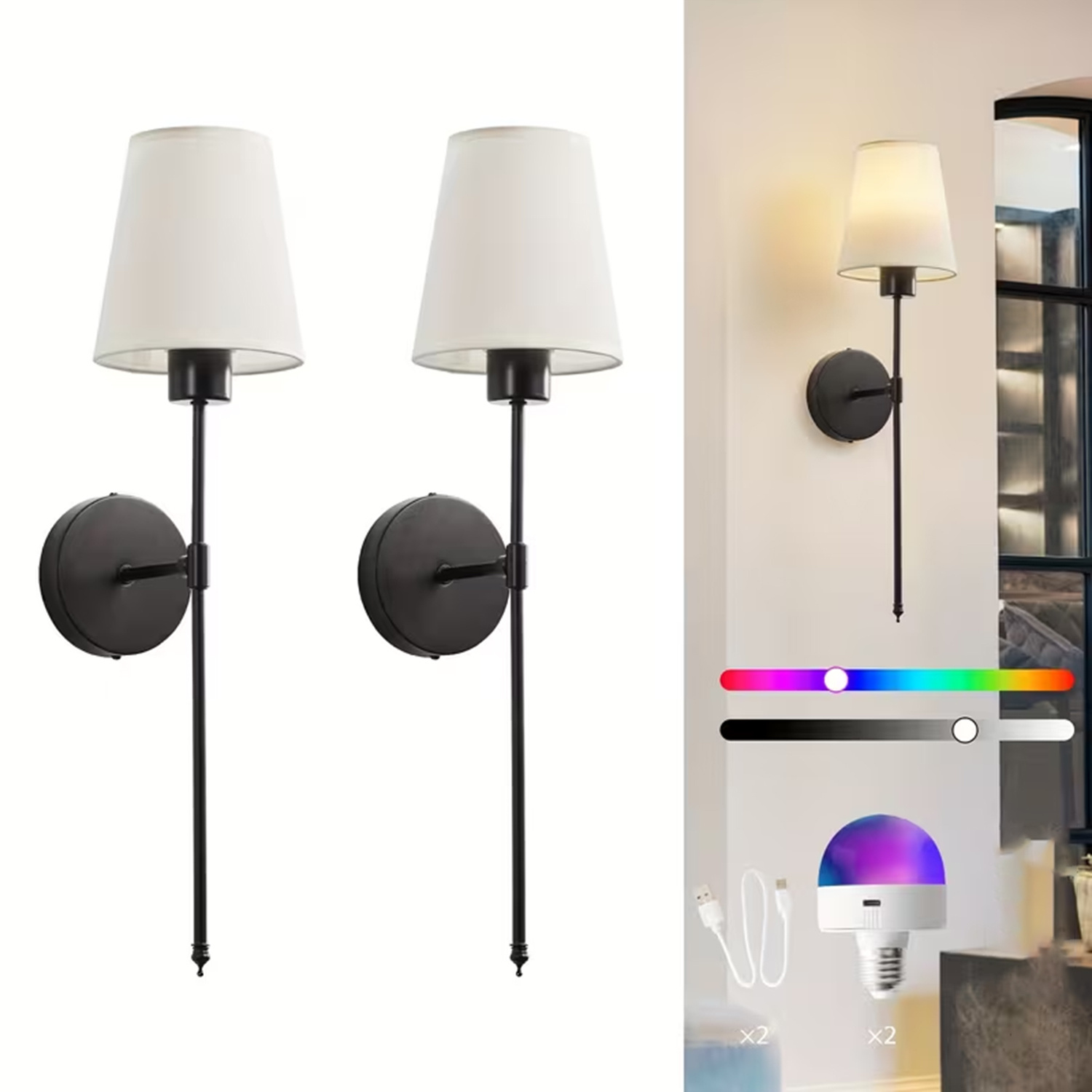 TEMU Wall Lights Battery Operated Wall Sconces Set Of 2, Black/golden Wireless Wall Sconces, Timer , 16 Colors Rechargeable Wall Lamp, Suitable For
