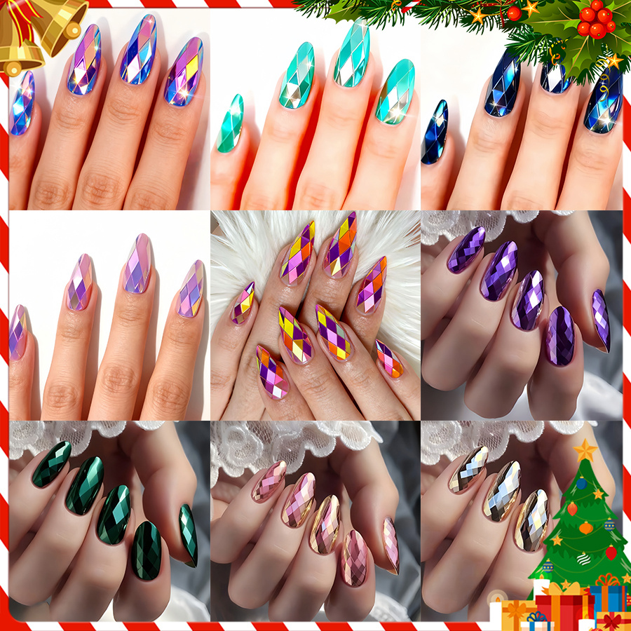TEMU 210pcs Of Shiny And Glossy 3d Diamond-shaped Nail Art, Featuring A Fashionable Round Head Almond Design In A Combination, Perfect For Women In