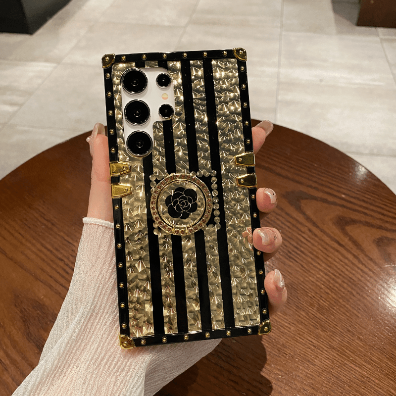 TEMU Phone Case - New High-end Trendy Brand Golden Lattice Ring Holder Easy Creative Phone Case Suitable For Galaxy S25 24 23 22 S25ultra S24 Ultra,