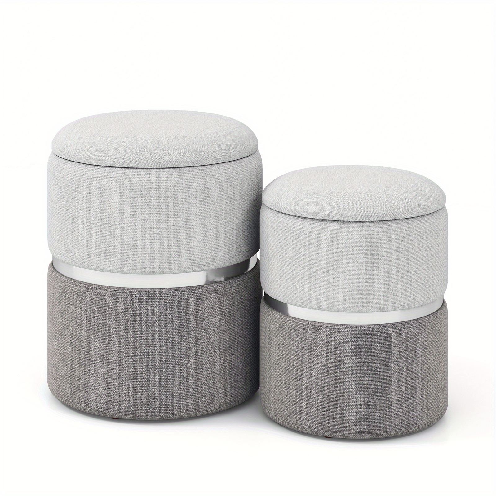 Image of Linen Fabric Storage Ottoman Set Of 2, Modern Round Ottoman With Storage, Upholstered Storage Ottoman With Stainless Steel Hoop