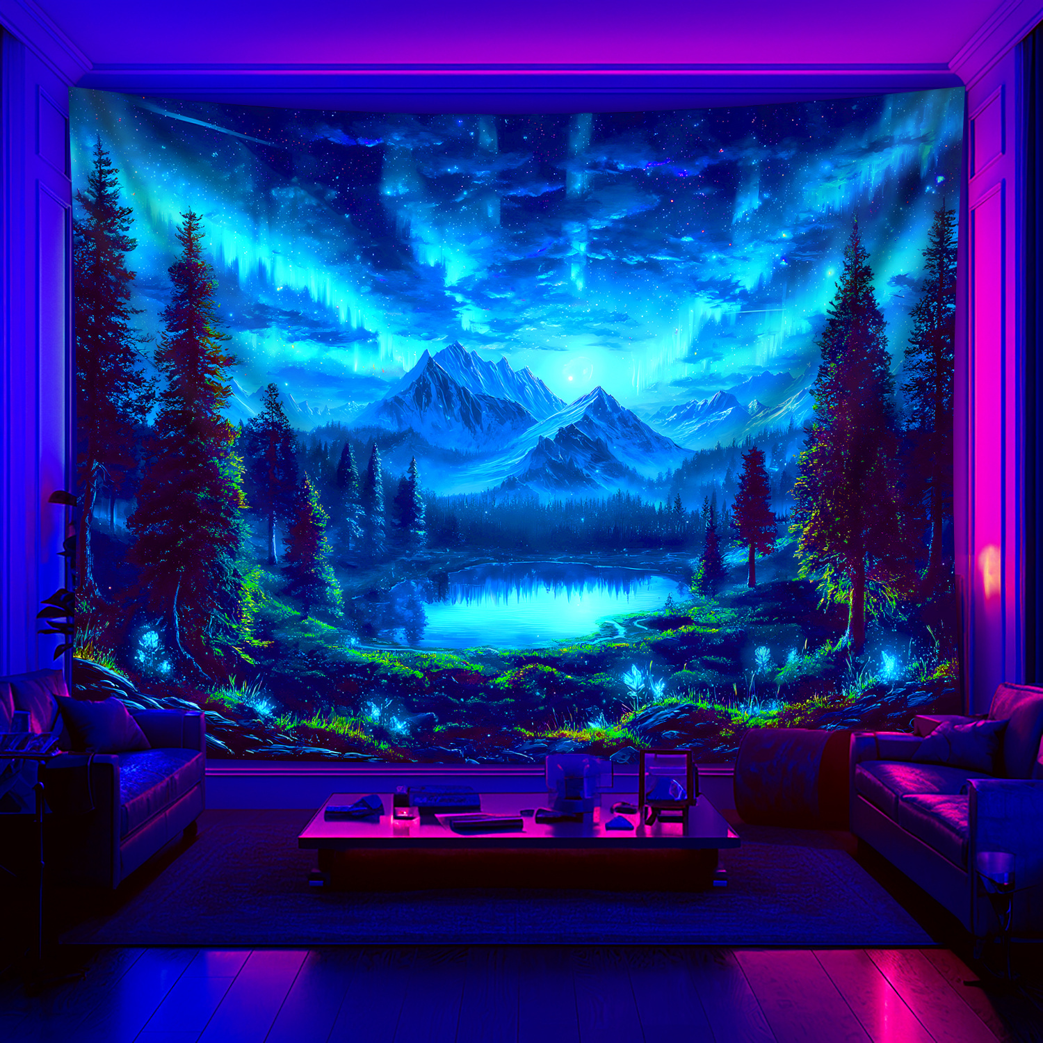 Fluorescent Uv Light Starry Sky Landscape Tapestry Wall Decor_voghion.com