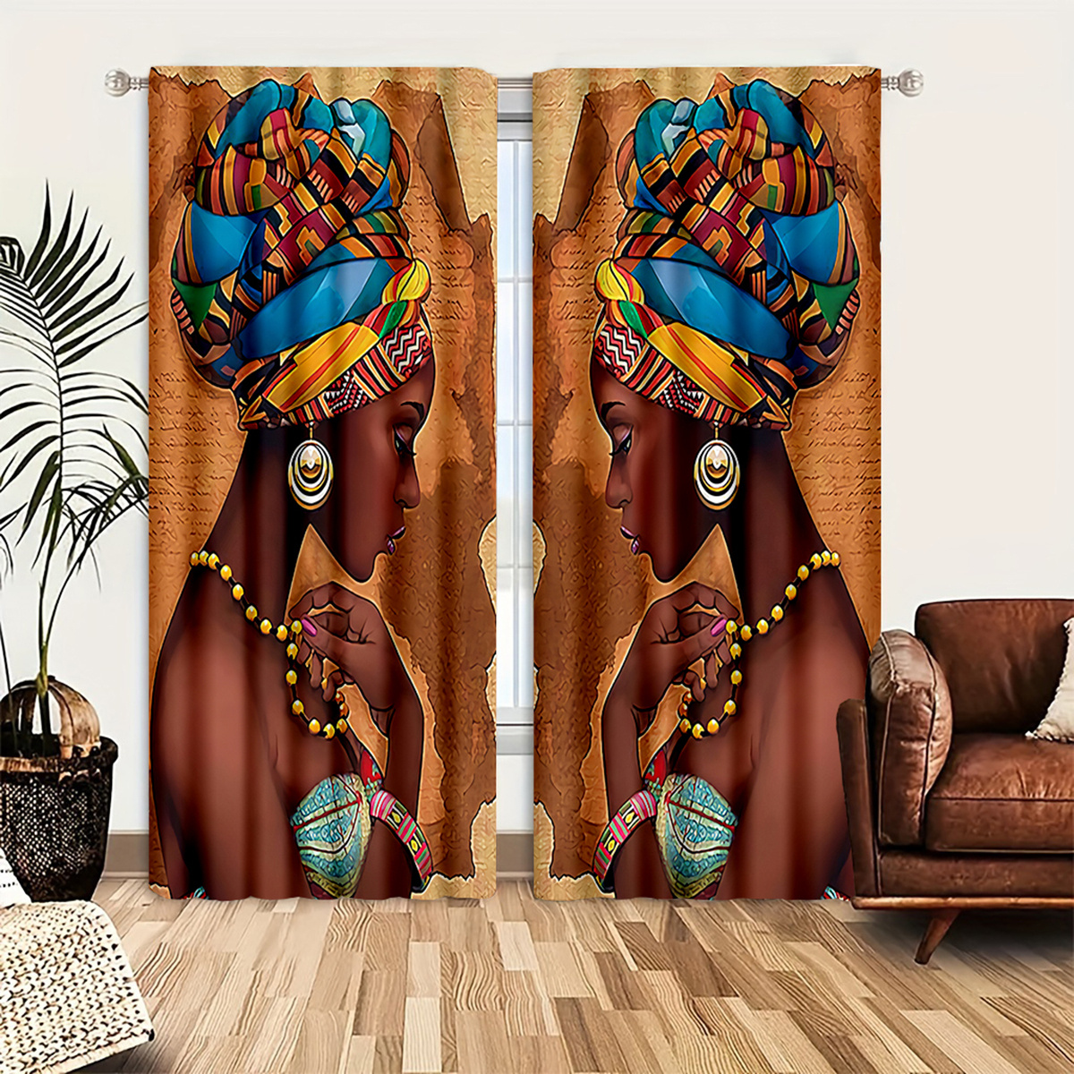 TEMU 2pcs Set African Women's Patterned Door Curtains, Lightweight And Breathable Polyester, Ideal For Bedroom, Office, Kitchen, Living Room, Study - Machine Washable, Non-woven Fabric