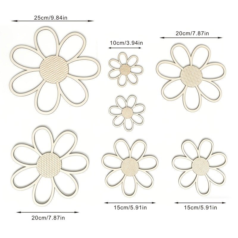 TEMU Set de Pared de Margaritas de Madera Boho (7 piezas) | Decoración de Flores de Madera Hueca Cortadas con Láser | Madera Natural sin Acabado para