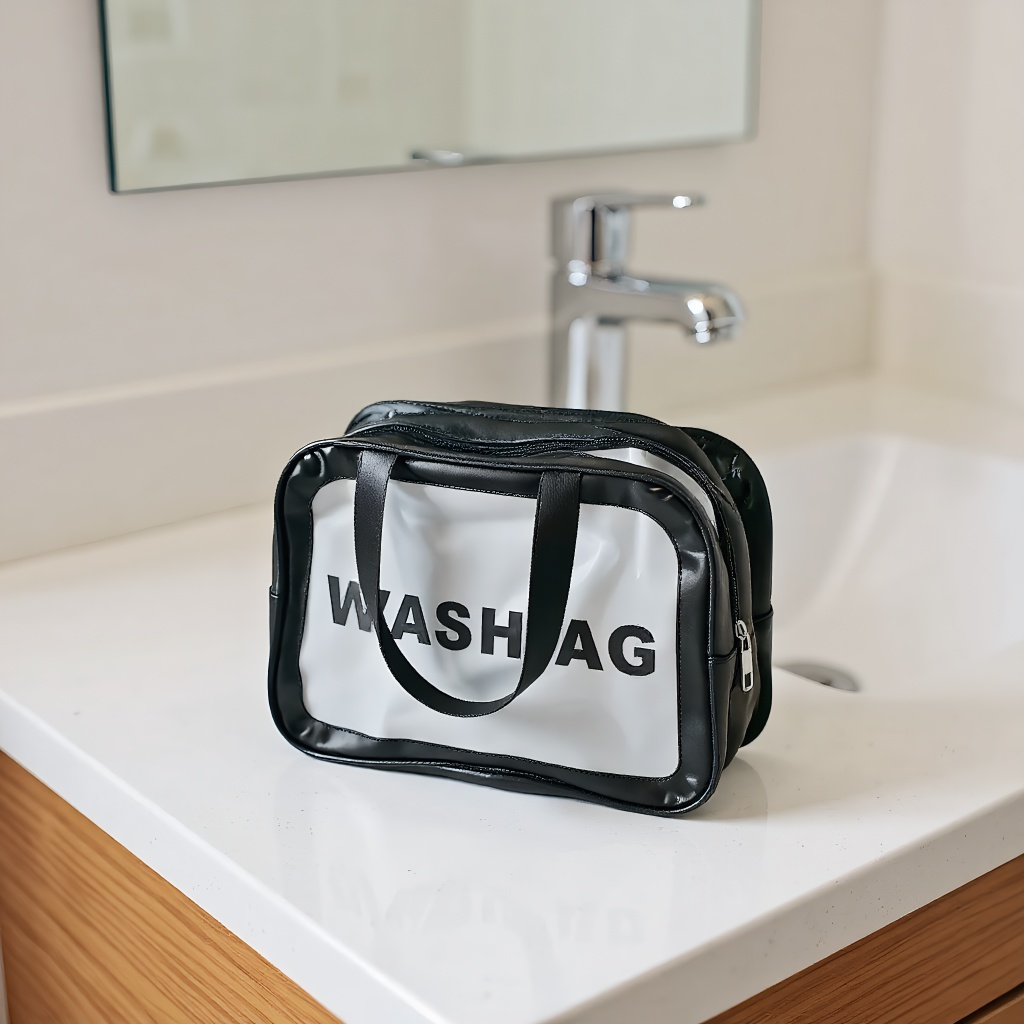 TEMU Fashionable Matte Semi-transparent Travel Wash Bag, Double-layer Large Capacity Dry Wet Separation Design, Transparent Window, Unisex Storage