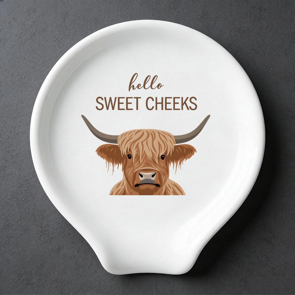 TEMU Highland Cow Ceramic Spoon Rest With "hello Sweet Cheeks" Scottish Cow Design - Adorable Farm Animal Utensil Holder Suitable For Stove Top,