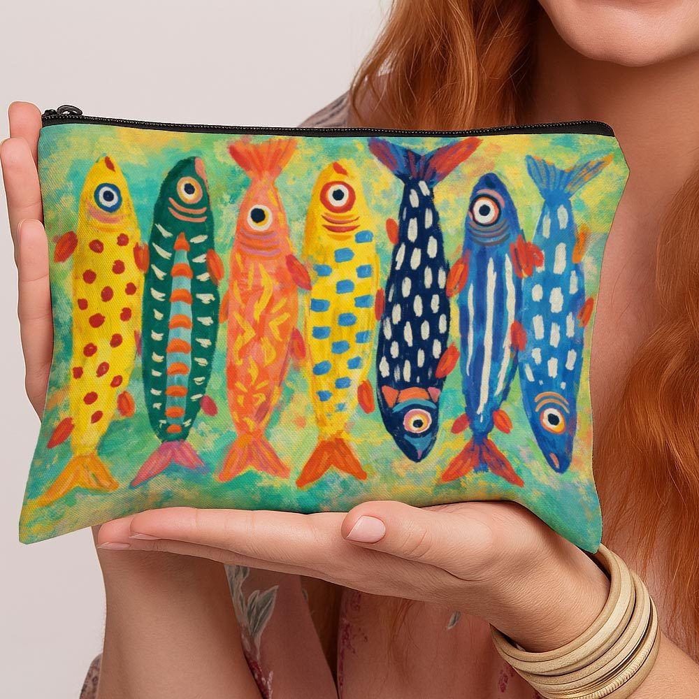 TEMU 1pc Artistic Tropical Cute Makeup Bag - Colorful Fish Pattern Illustration Lightweight Makeup Pouch For Women, Girls, Mini Makeup Bag, Toiletry