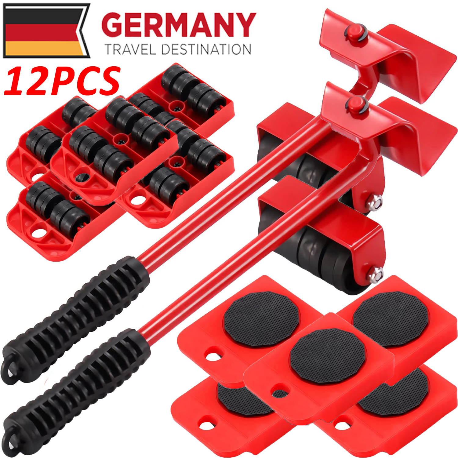 Set Of 12 Furniture Moving Tools, Including A Lifter For Heavy Items With An Adjustable Lever And 8 Wheels, Designed For Of Furniture (in Red)