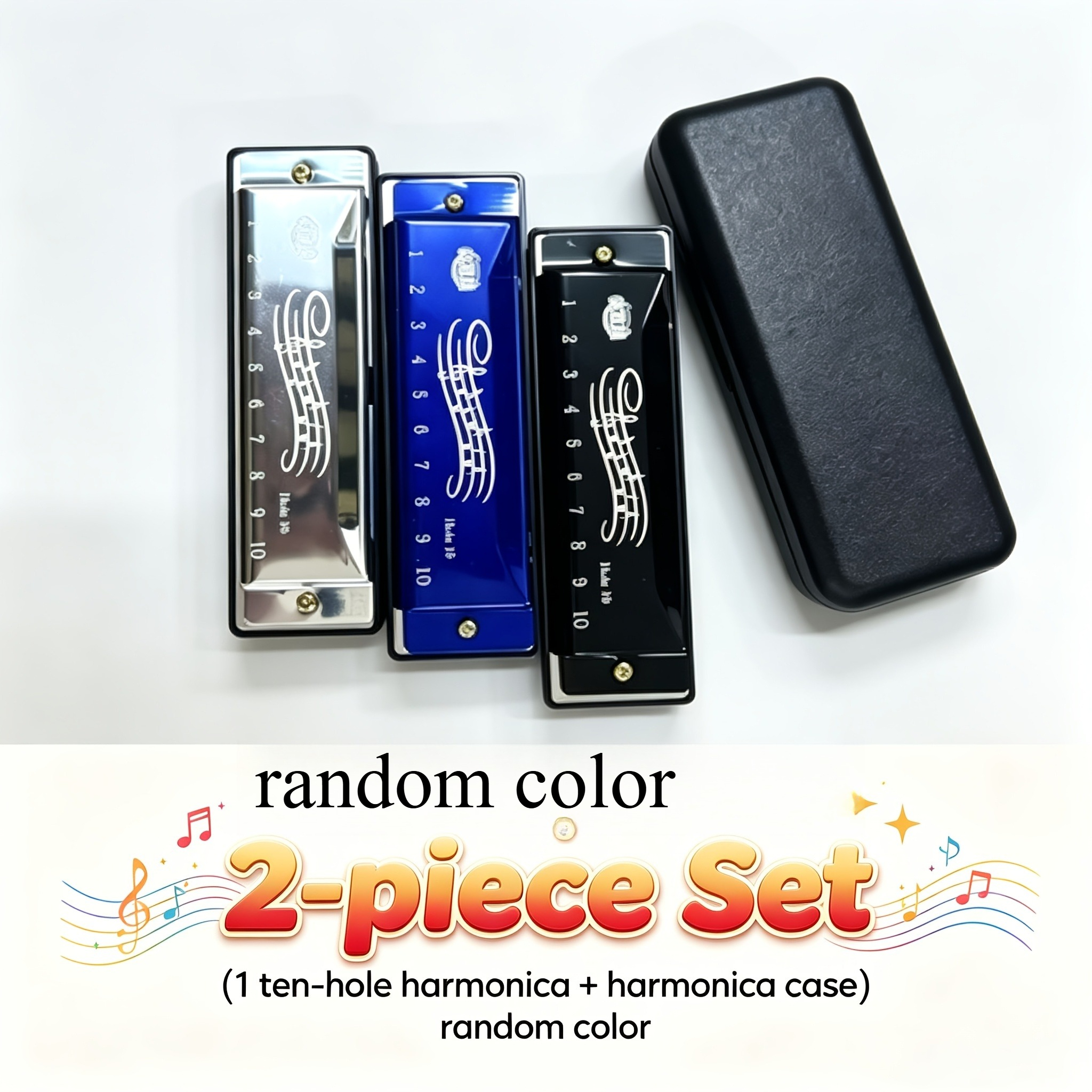 TEMU 2pcs Set - (1 Ten-hole Harmonica + Harmonica Box) Random Color, Colored Metal Harmonica With Storage Protection Box, Birthday Gift For Music